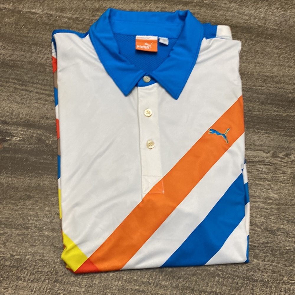 Puma Polo Shirt Blue Orange Golf Golfer Rugby Casual Mens Short Sleeve medium - Picture 2 of 9